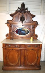 Black Walnut, Marble Top 'Game' Sideboard, Oval Beveled Mirror, Ca 1880, Orig Hardware, Pulls, Casters   (247)