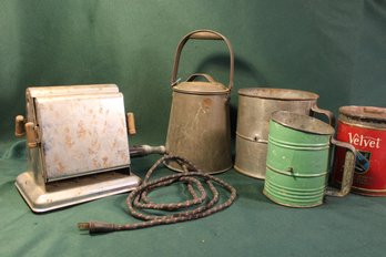 1925 'bromwell's Bee' & 'Kreamer' Sifters, Velvet Tin 6'H, 12'H Tin Cream Bucket W/lid & Ele. Toaster   (248)