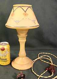 Antique Yellow Satin Glass Boudoir Lamp, Hand Painted, 13'H, Working   (248)
