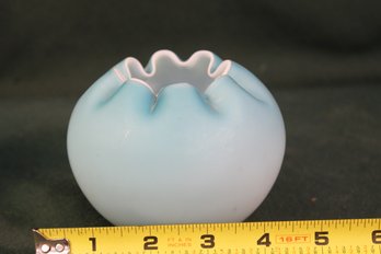 Antique Hand Blown Blue & White Cased Glass Ruffled Edge Rose Bowl  (249)