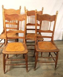 Matching Set Of 4 Antique Tall Dining Chairs W/Hip Rests, Wood Seats & Ears   (252)