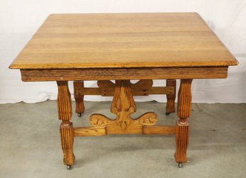 Antique Oak 43' Dining Table W/fluted Legs, Carved Stretcher & 30' New Leaf (254)