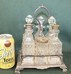 Antique Crystal Glass Castor Set W/6 Matching Bottles And Stoppers, Silver Plate Stand  (256)