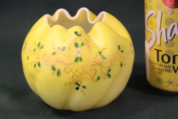 Antique  Yellow Cased Glass Hand Blown Rose Bowl W/Decoration , 4x3.5H (25)