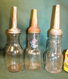 3 Motor Oil Quart Glass Bottles W/spouts - BOE Mfg Co, Zerolene, Mass Seal, 9'H  (261)