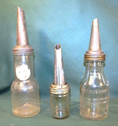 3 Motor Oil Glass Bottles W/ Spouts - Shell/shields & Harper Co,  10 Oz & Amco Corp Quart(264)