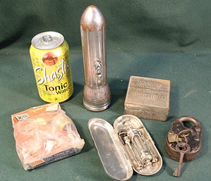 Mint Tin, Ray-O-Vac Flashlight(working), Royal Fuses, Cutter Lab Field Hypodermic Needle, Lock W/Keys   (264)