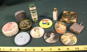 5 Small Pocket Mirrors, 2 Trinket Boxes, Compact, Perfume, Dean & Roe Tape Measures, Tin   (265)