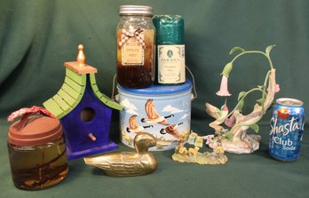 Hummingbird Figure, Miguno 1990, 9'H & Dog Figures, 3'H, Brass Duck, Birdhouse, Candles, Mor3e    (271)