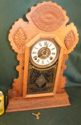 Antique Ingraham Oak Gingerbread Shelf Clock W/alarm, Key, Ca 1890   (277)