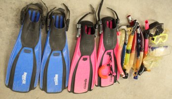 2 Pair Small Swim Fins, 4 Goggles, 7 Snorkels  (279)