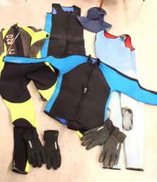 4 Wet Suits, Head Piece & 2 Pair Gloves - (Yellow/black Suit Is Size Small, No Size On Others) (281)
