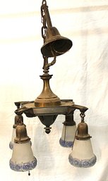 Antique Victorian 4 Light Brass 'Pan' Chandelier  & 4 Glass Shades,  Rewiring Required    (282)