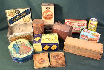 Assorted Vintage Advertising Tin, Wood & Cardboard Boxes, Glass Bottle  (28)