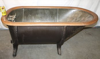 Antique Copper Plated Tin Tub W/Oak Trim, Cast Iron Legs & Braces, & Nickle Plated Valves, 54x27x23'H   (290)