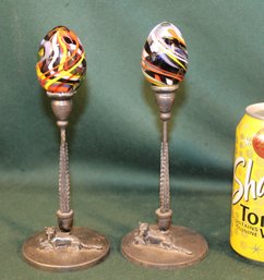 Pair Reed & Barton Silverplate Bases W/Hand Blown Glass Eggs (292)