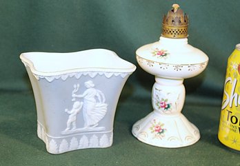 Antique Wedgewood(?) Vase & Small Oil Lamp (Burner Not Attached)  (293)