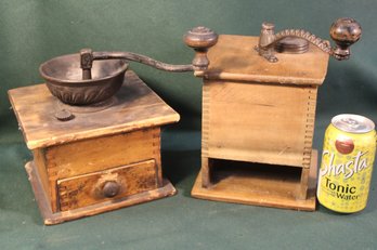 2 Antique Wooden Table Top Coffee Grinders - One Missing  A  Drawer   (298)