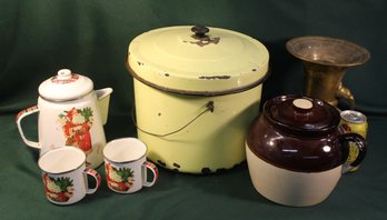 Enamelware Pot & Lid, Coffee Pot & 2 Mugs & Bean Pot & As Is Brass Vase   (300)