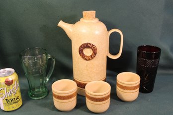 Vintage Stoneware Coffee Carafe & 3 Cups, Ruby Red Tumbler, Coca Cola Mug  (305)