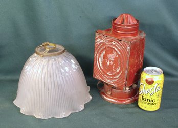 Antique Holophane Glass Lamp Shade 7'H 3/3' Opening & Antique  Tin Lantern, 10'H   (307)