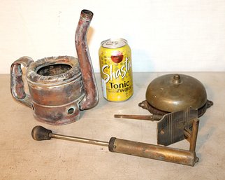 Copper One Pint 'Swing Spout' Oil Dispenser, Brass  Lobby Bell, Air Pump & Brass  Door Latch   (311)