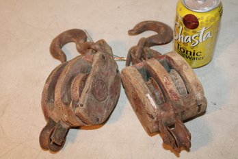 2 Antique Wooden Pulleys With Iron Hooks (One Broken)   (312)
