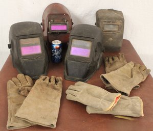 4 Welding Helmets, 2 Auto Darkening, 1 Antique, 1 Reg, & 3 Pair Welder's Gloves  (312)