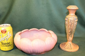 Antique Roseville 'Florentine' Candlestick/Bud Vase 8.5'H (Repaired)  & Art Deco Pottery Bowl, 8'H    (313)