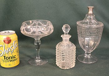 Antique 3 Pcs. Decorated  Clear Crystal Glass - Covered Candy W/Sterling Top, Perfume, Compote   (314)