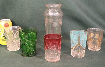 Antique 5 Victorian Art Glass Water Tumblers & Etched Pink Glass Vase   (315)