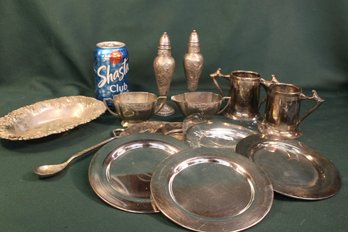 Silver Plate Salt & Pepper, 6 @ 6' Plates, 2 Sugar & Creamers, Tray, More    (316)