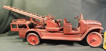 Antique Steel Buddy L Pressed Steel Aerial Fire Truck, Original Red Paint, 34' Long   (318)