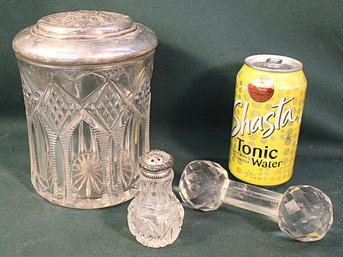 Antique Pressed Glass Humidor, Hawks Cut Glass Shaker & Glass Knife Rest  (320)