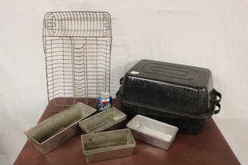 Enamel Roasting Pan & Cover, 18x13x10', 6 Loaf Pans & Dish Rack  (330)