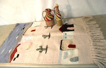2 Woven Covered Bottles & Ethnic Woven Wall Hanging, 28x37'   (330)