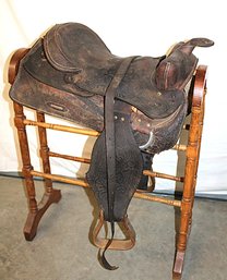Antique Tooled Leather Saddle, Marked V. Voss 1939 (Stand Not Included)   (333)