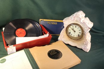 Ansonia China Shelf Clock, W/ Pendulum, No Key Or Back Plate, 3 Chipped Corners & 32 Assorted 78RPM Rec (334)