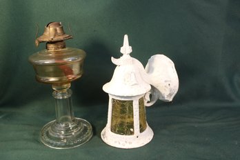 Antique Curved Amber Glass  Outdoor Wall Sconce  Lamp 10'H & Antique Classic Clear Glass Oil Lamp 12'H   (335)