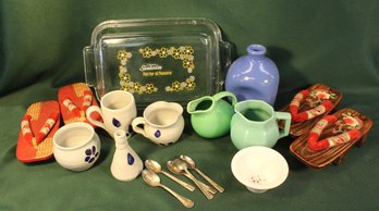 Vintage 2 Pcs. Pottery & Oriental Wood Sandals, 5 Demitasse Hotel Spoons, More   (336)