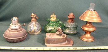 Antique 6 Miniature Oil Lamps - 1 Copper, 3 Glass, 2 Metal   (336)
