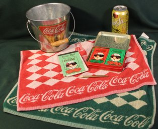 Coca Cola Vintage Lot:  Small Bucket , Playing Cards & Towels   (33)