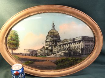 Antique Oval Framed Reverse Painting Of US Capital On Convex Glass, 22x16'  (340)