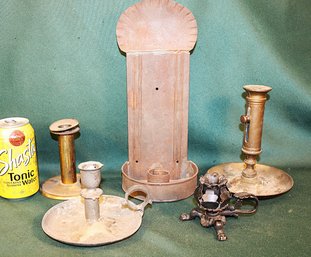 Antique 5 Metal Candleholders - Tin, Brass, Pewter   (342)