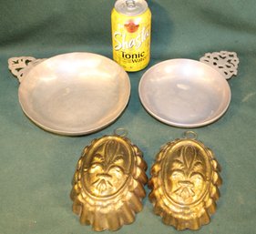 Antique Pair Brass Molds & 2 Pewter Serving Plates   (343)