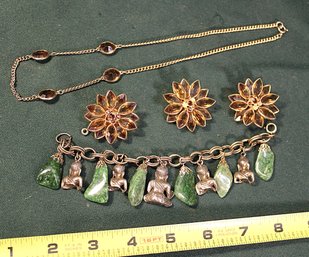 Necklace, Jade (?) Bracelet & Earring/Pendant Set (Missing Stones In Earrings)   (34)