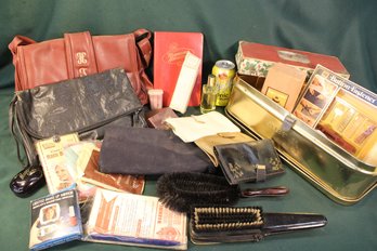 Vintage Misc. Toiletries  Lot - Ladies Purses/Wallets, Brushes, Perfume, More In Tin   (350)