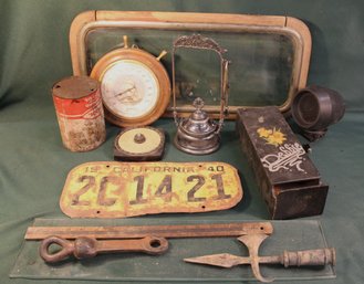 Framed 22x10 Beveled Glass Window, 1940 Cal. License Plate, Flag Pole Toppers More   (351)