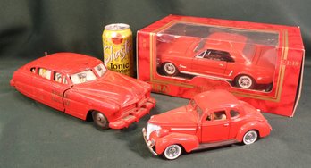 3 Model Toy Cars - Marx Bat Op Fire Chief (cracked Plastic), Model 1939 Chevy Coupe, Mustang In Box  (351)