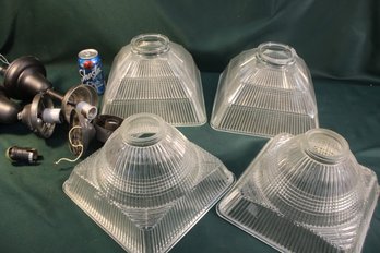 2 Pair Holophane Style Light Shades, 2@ 4' Collars W/ Fixtures  & 2@3' Collars (chips On 4' Collar) (352)